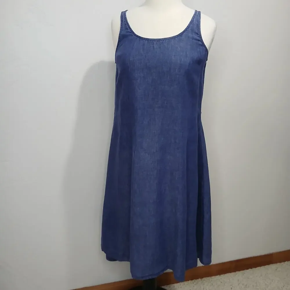 Eileen Fisher Linen Dress Size Small Blue Sleeveless Strappy Tie Waist Fit Flare - Picture 9 of 16
